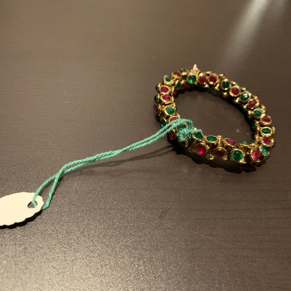 Indian goldtone, Pink & Green crystals  Bangle/Bracelet.  Stretchable. - Picture 2 of 2
